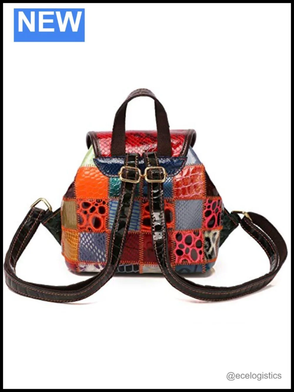 Genuine Leather Patchwork Bohemian Backpack with Removable Adjustable Strap,